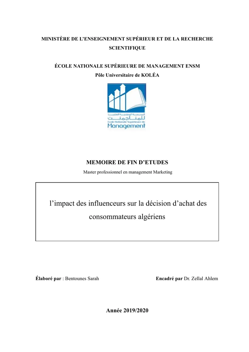 Mémoire ENSM · influenceurs · Couverture du mémoire
