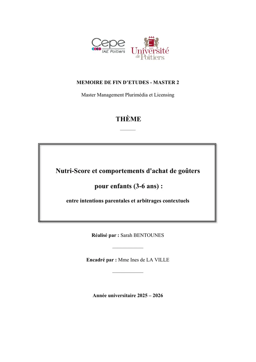 Mémoire Nutri-Score · Couverture du mémoire